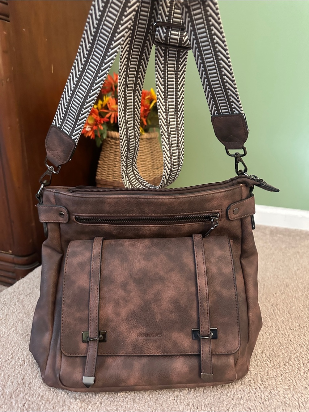 Brown Women’s Crossbody Shoulder Bag with Patterned Strap